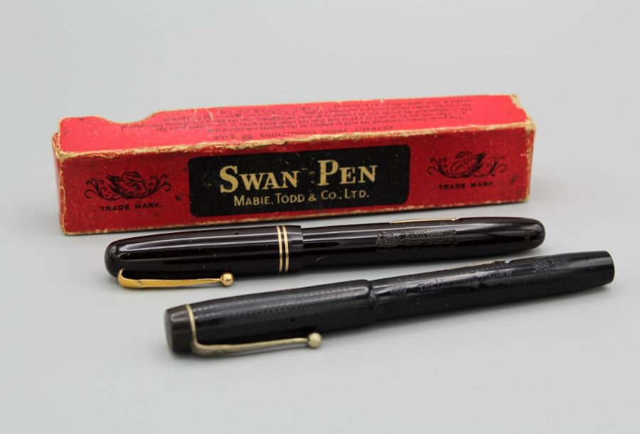 Two 14ct gold nibbed vintage swan fountain pens, one in original box (2)