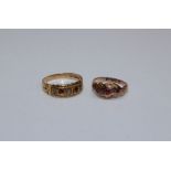 Two ruby and diamond gold rings comprising a 15ct gold five stone diamond and ruby ring, size R,