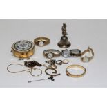 A collection of rolled gold, gold plated and goldtone costume jewellery, plus four ladies