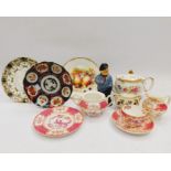 A collection of china and plates including two Chinese export, Royal Crown Derby Pinxton Roses