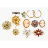 A collection of vintage costume jewellery to include paste set brooches, plated cameo brooch along