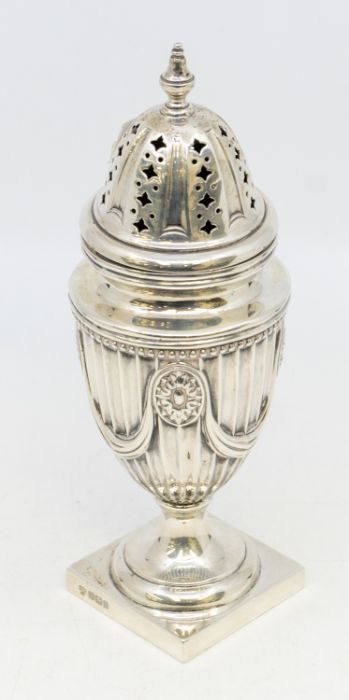 A late 19th Century Neo-Classical style large silver caster, hallmarked Hawksworth Eyre & Co.,