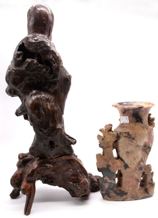 An early 20th Century hardwood figure of a Chinese deity along with a soapstone carved feature - Image 2 of 2