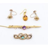 An amethyst and pearl set 15ct gold bar brooch, a 9ct gold turquoise seyt brooch a/f a citrine