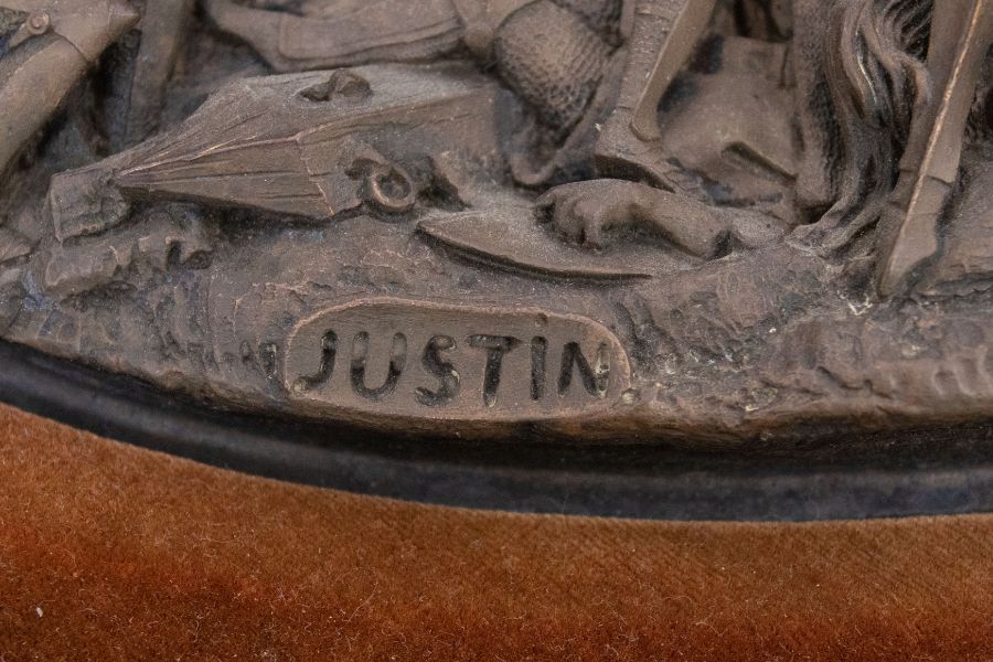After Justin Mathieu, a pair of late 19th Century copper alloy plaques depicting battle scenes - Image 2 of 2