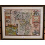 Early 17th century hand-coloured map of Derbyshire, c.1610, by John Speede, in a frame with glass