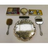 A collection of boxed and cased silver plated items, loose flat wares, silver tongs, posy vase,