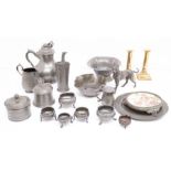 A collection of late 19th century pewter i.e. teaset, plates, bowls, salts, dishes, vases and dog