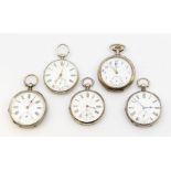 A collection of  Victorian and later silver and silver 800 pocket watches, all with enamel dials,