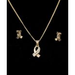 A diamond set 9ct gold set, comprising a ribbon shaped pendant channel set with  tapering round