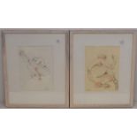 Modern Art: Two pencil wash sketches of Nudes both posing. Both framed and glazed in modern