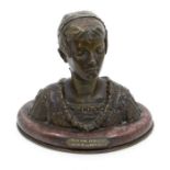 A large Bronze bust of a French lady, By Grang Colombos, to reverse is a small copper French coin