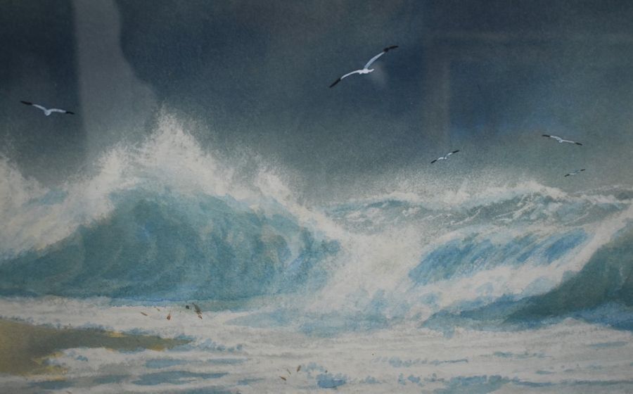 A late 19th Century watercolour of waves crashing in on shoreline, by HE Tozer, 1894, 67 x 23cms - Image 2 of 3