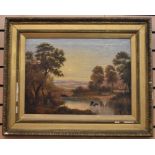19th Century British School, oil on canvas of a rural riverside scene with livestock, unsigned, in