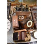 A collection of mantel clocks A/F with other clock spares and repairs, working pendulums, finials,