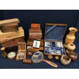 A collection of mainly 20th century treen wares, boxes, vases etc, together with a 19th century
