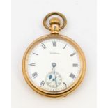A Waltham gold plated open faced pocket watch, signed white enamel dial, Roman numeral hour