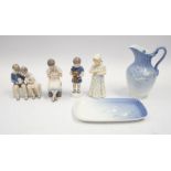 Royal Copenhagen lidded jug, rectangular plate plus four figures of children,