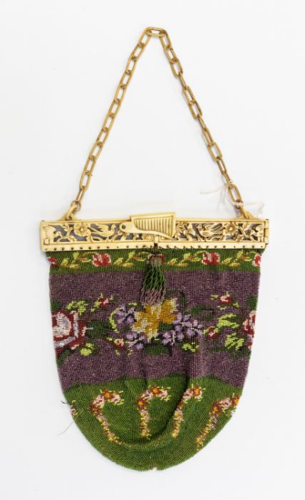 Early Edwardian Beaded Bag with a decorative collapsible ivorine frame (part of the frame is - Image 2 of 2