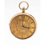 An 18ct gold open faced pocket watch, comprising a gilt dial with black numeral markers,