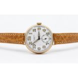 An early 20th century J.W Benson 9ct gold gents wristwatch, comprising a round white enamelled