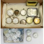 A collection of pocket watch spares to include six silver cased pocket watches all a/f along with