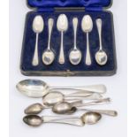 A collection of silver spoons to include; a cased set of Hanoverian pattern silver spoons,