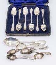 A collection of silver spoons to include; a cased set of Hanoverian pattern silver spoons,