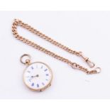 A ladies 14ct gold continental open faced pocket watch, with a blush enamel dial with blue Roman