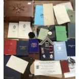 Collection of Masonic items, including mahogany wooden box, jewels one stamped silver with books and