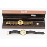 A gents 1960's gold plated Bulova wristwatch, comprising a round gold tone dial with applied baton
