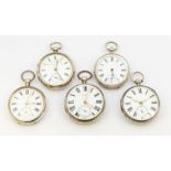 A collection of five late 19th early 20th century silver open faced pocket watches, all with white