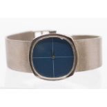 A gents 1970's silver wristwatch with cuhion shaped blue split dial, case approx 30mm, to a textured
