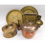 A collection of Metal ware to include; An Eastern engraved brass spice box with fitted handle and