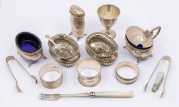 A collection of silver to include; a matching silver mustard pot and salt pot, both with blue