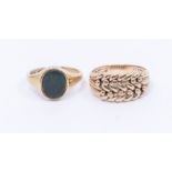 A gents 9ct gold and bloodstone oval signet ring, setting width approx 10mm, size M1/2, along with a