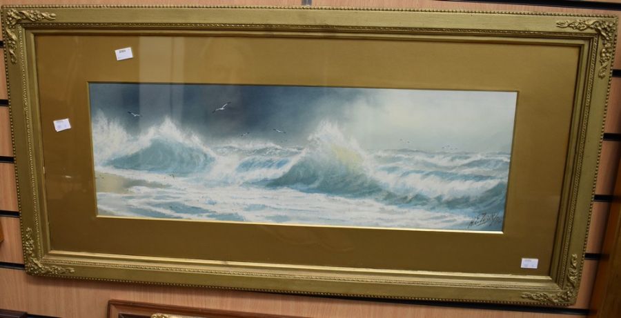 A late 19th Century watercolour of waves crashing in on shoreline, by HE Tozer, 1894, 67 x 23cms