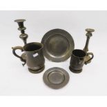 Collection of 19th Century pewter items including tankards, candlesticks and plates