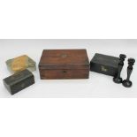 A Victorian rose mahogany writing box, other 19th Century trinket boxes and ebony candlesticks