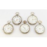 A collection of five Victorian, early Edwardian silver open faced pocket watches, all comprising