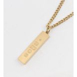 A 9ct gold ingot, London 1976, length approx 45mm, suspended from a 9ct gold flat curb link chain,