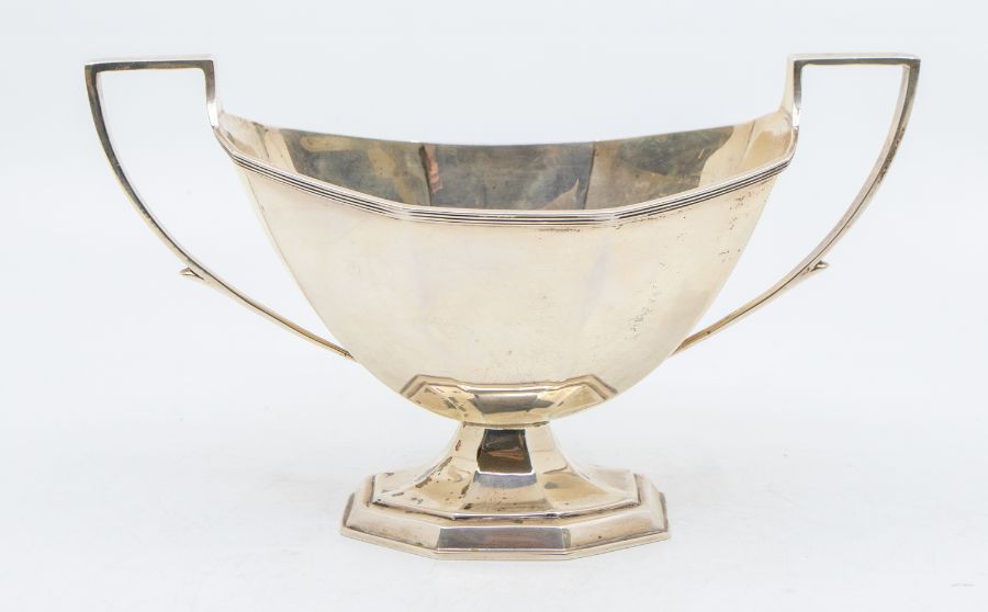 A George V Art Deco style silver two handled sugar bowl  with angular handles and ribbed body,