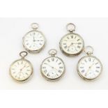 A collection of five late Victorian silver pocket watches, all with enamel dials, Roman numeral hour