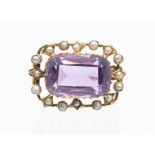 An amethyst and  pearl set antique yellow gold brooch, rectangular form, total gross weight