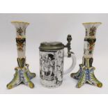 A continental ceramic pewter lidded tankard along with a pair of possibly Fourmantraux, Devres