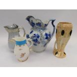 A transfer printed large ceramic gilded water jug, with a James Dixon and sons plated lidded jug,