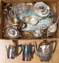 A collection of silver plated items including serving tray, three tea sets, sauce boats, glass and