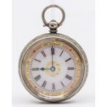 A Ladies silver pocket watch, comprising a blush pink dial with numeral markers, gilt decoration,