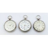 A collection of three silver open faced pocket watches, all with enamel dials, Roman numeral