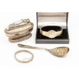 A Birmingham silver small christening bangle, a Rotary plated watch in box, a Ronson England